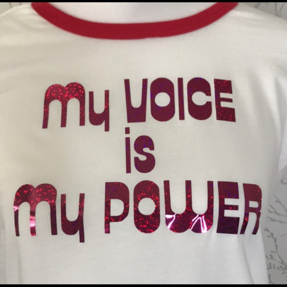 New Women’s “My Voice is My Power” Sparkle Ringer Tee